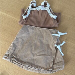 Zara Girls Brown/Tan Wrap Skort with Cream details. And tank top